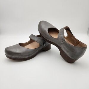 Dansko Fawna Mary Jane Clogs Womens 41 Gray Leather Adjustable Strap Comfort